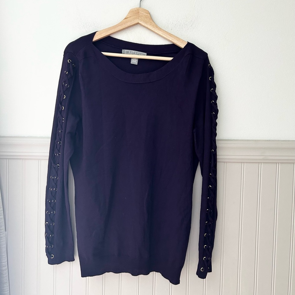 Chic By Design Women’s Large Purple Lace-Up Sleeve Sweater Rayon Polyester Knit